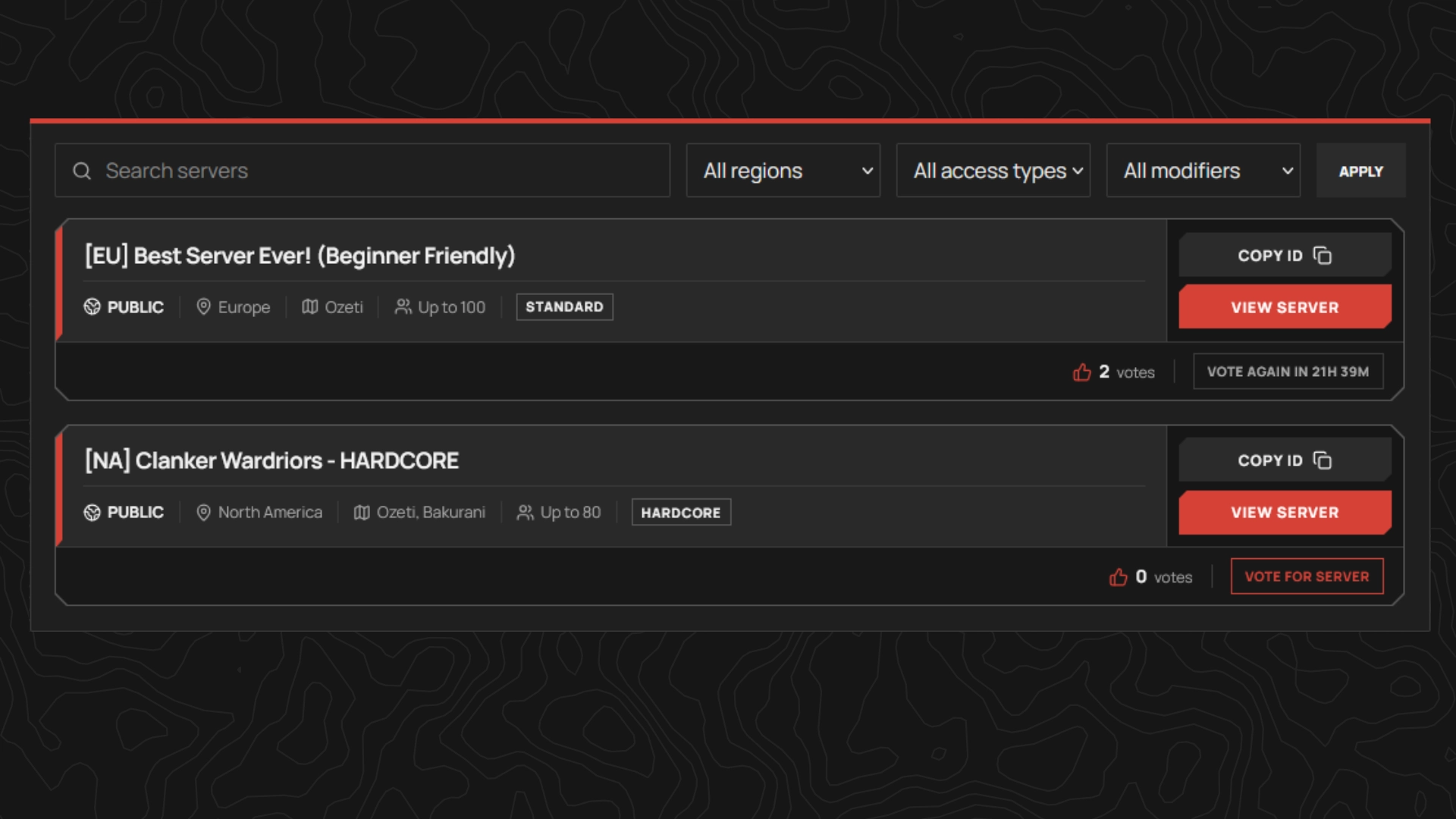 Published server in the WARDOGS Browser directory